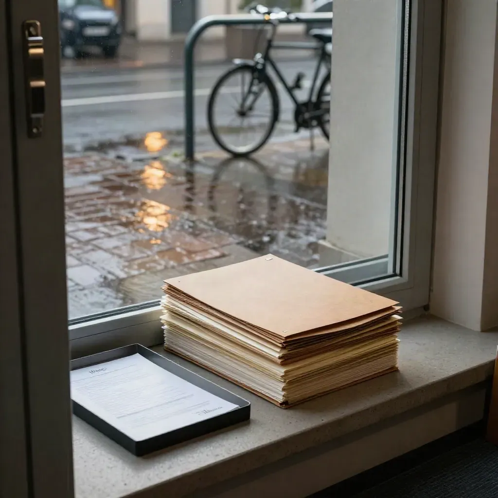 Frostige Bürotür mit Gründungsunterlagen und regennassem Innenhof in Berlin.